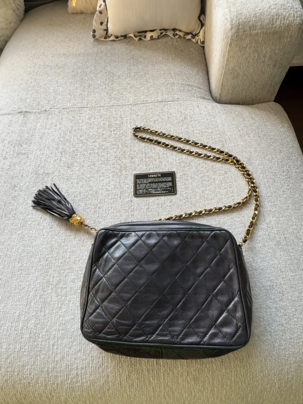 Vintage Chanel Series 1 Black Quilted Leather CC Tassel Camera Shoulder Bag